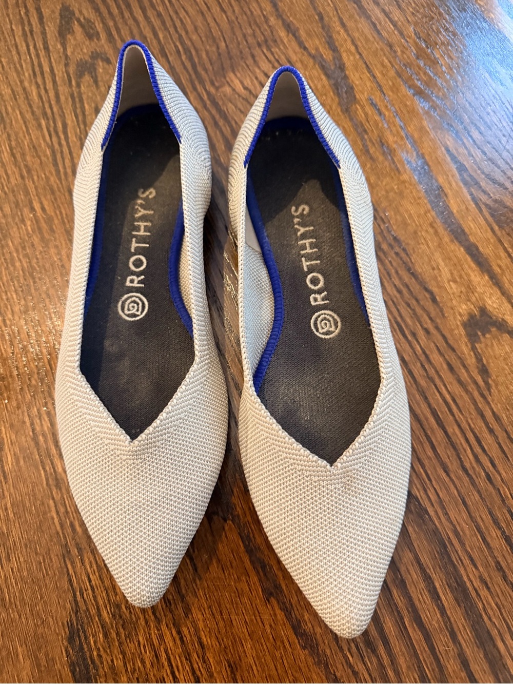 Rothy's Pointed Flats in Cream with Blue Trim